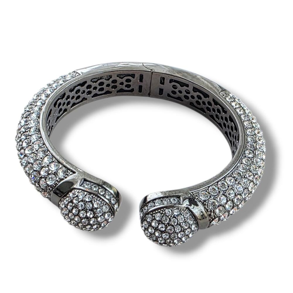 Vintage Joan Boyce Clear Rhinestone Gunmetal Clamper Bangle Bracelet Crystals
